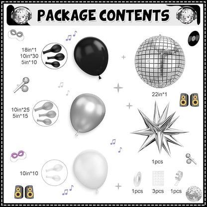 Black Silver Disco Ball Balloons Arch Kit, Black Silver Clear Balloons Garland with Large Disco Balls and Explosion Star Foil Balloons, for Disco Dance Diamond Birthday Graduation New Year Decoration