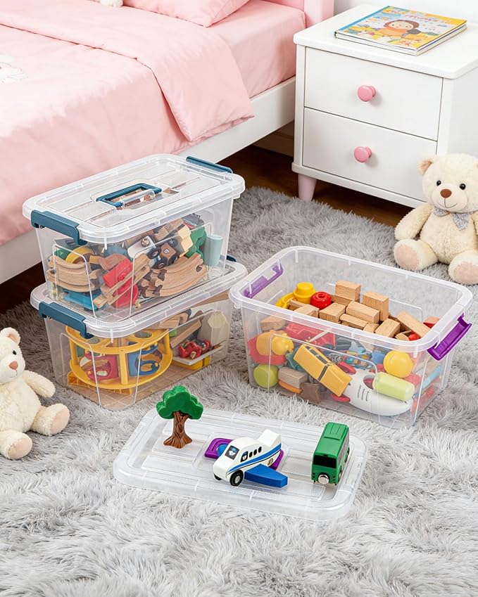 AREYZIN Plastic Storage Bins with Lids 6 Pack,7 Quart Stackable Storage Containers with Buckle Latches, Heavy Duty Clear Organizer Bins for Home Office Supplies, Craft & Toy Storage, BPA-Free,Purple