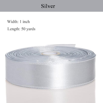 YASEO 1 Inch Silver Solid Satin Ribbon, 50 Yards Craft Fabric Ribbon for Gift Wrapping Floral Bouquets Wedding Party Decoration