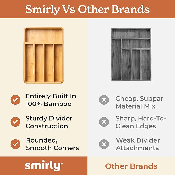 SMIRLY Silverware Drawer Organizer – Bamboo Kitchen Drawer Organizer, Adjustable Utensil Holder and Cutlery Tray, Drawer Dividers for Flatware and Kitchen Utensils