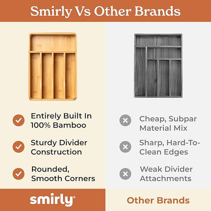 SMIRLY Silverware Drawer Organizer – Bamboo Kitchen Drawer Organizer, Adjustable Utensil Holder and Cutlery Tray, Drawer Dividers for Flatware and Kitchen Utensils