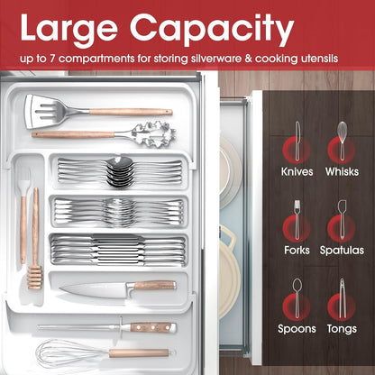 Aujen Silverware Organizer - Expandable Kitchen Drawer Organizer, Adjustable Utensil Organizer, Cutlery Tray for Forks, Knives, Multipurpose Kitchen Organizers and Storage Solution, White, Medium