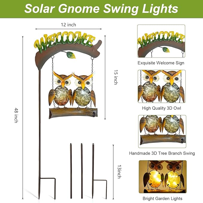 HONGLAND Solar Lights Outdoor Decor, Owl Swing Garden Decor, Owl Gifts for Women Mom, Whimsical Garden Lights Outdoor Decorations with Welcome Sign for Outside Patio Yard Lawn Decor-48inch