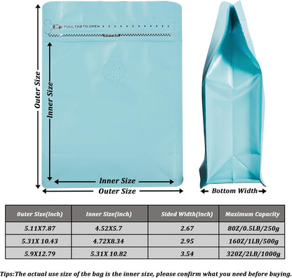 Coffee Bags with Valve (50 PCS,16oz/1lb) Blue High Barrier Aluminum Foil Flat Bottom Standing Coffee Beans Storage Packaging Bags