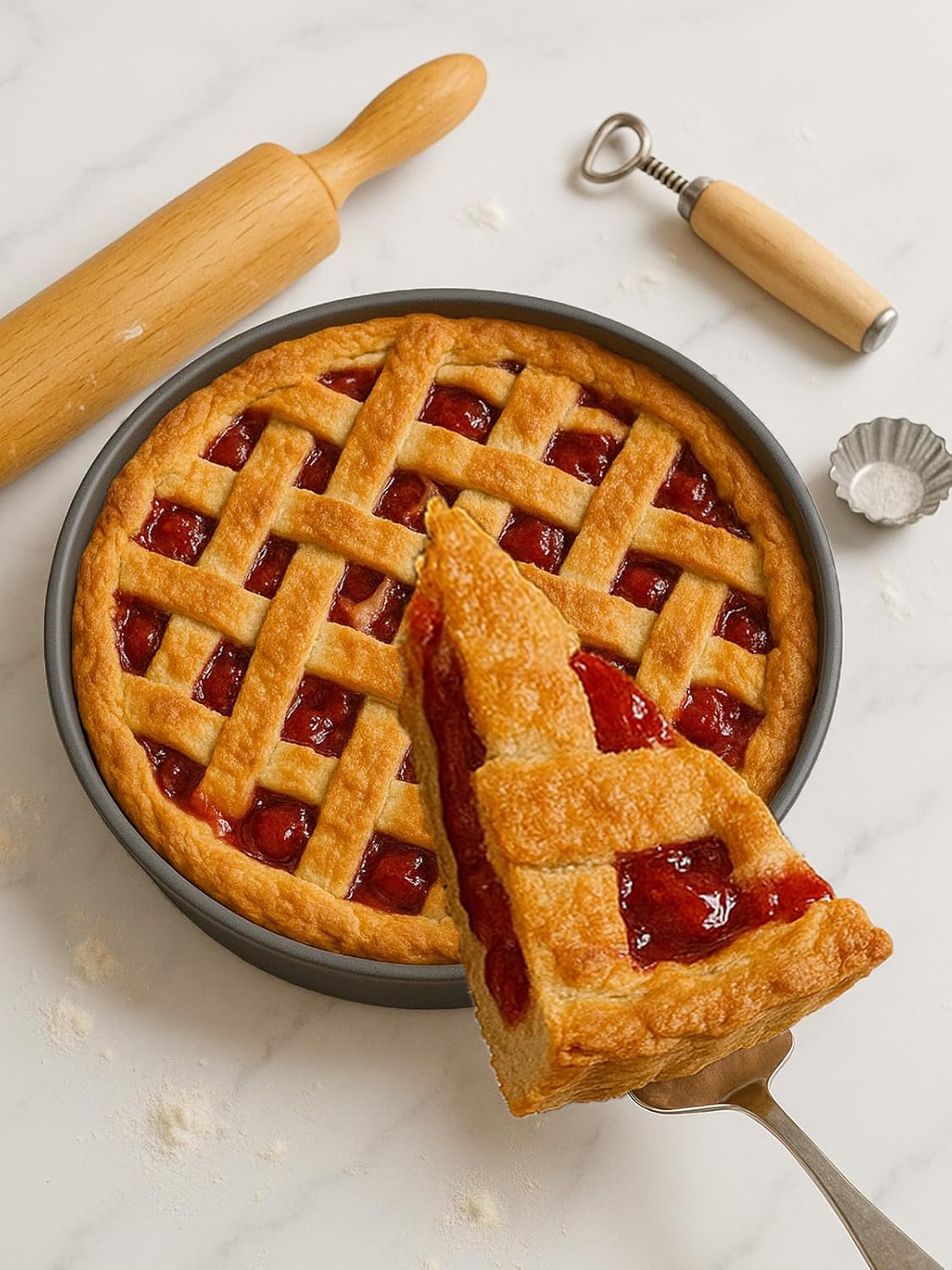 10×2.6 Inch Deep Pie Pan with Cake Server for Pie Tart Quiche Baking. Round Cake Pan with Non-Stick Coating, Rugged Carbon Steel