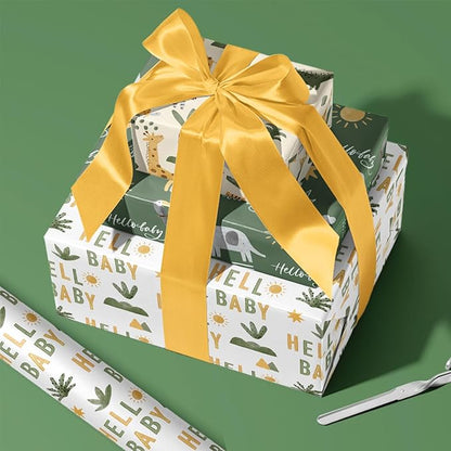 WRAPAHOLIC Kraft Baby Shower Wrapping Paper - Mini Roll - 3 Rolls - 17 Inch x 120 Inch - Jungle Animal Wrapping Ppaer for Neutral Baby Shower, Kids Boys Girls Birthday