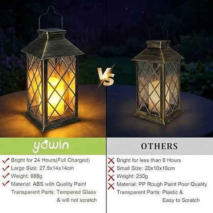 Yowin Solar Lanterns Outdoor Waterproof 14" Large Tempered Glass Solar Hanging Lantern for Outside with Flickering Candle, Mother's Gift Ideas, Wall Lamp for Garden Patio Vintage Decorations - Bronze
