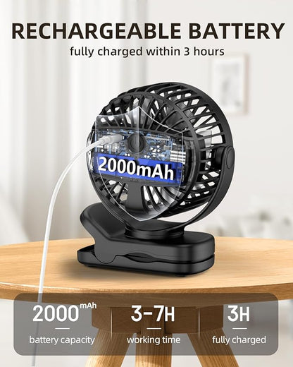 TUNISE Mini Clip on Fan, Battery Operated Desk Fan, Digital display，3 Speeds Adjustable, Bidirectional 360 ° Adjustable, Super Strong Wind, Portable Fan for Home Office Stroller Camping Black