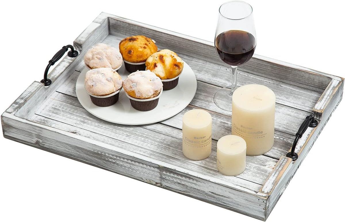 Rustic Vintage Big Wood Food Serving Trays with cutout Metal Handles(20 Inches) large Nesting Board Decorative Serving Trays Platter for Breakfast in