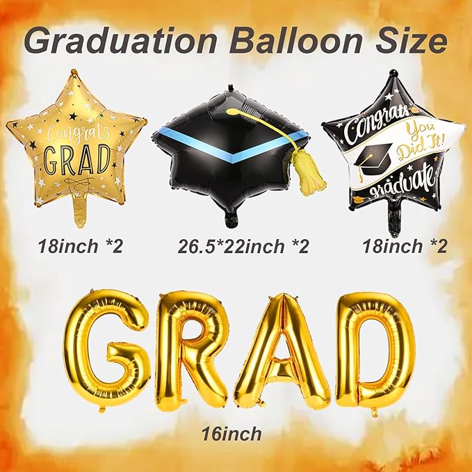 Graduation Balloons - Gold Letter Grad Balloons Graduation Cap Balloon Grad Cap Balloon Graduations Foil Balloons Class for 2026 Graduation Party Decorations
