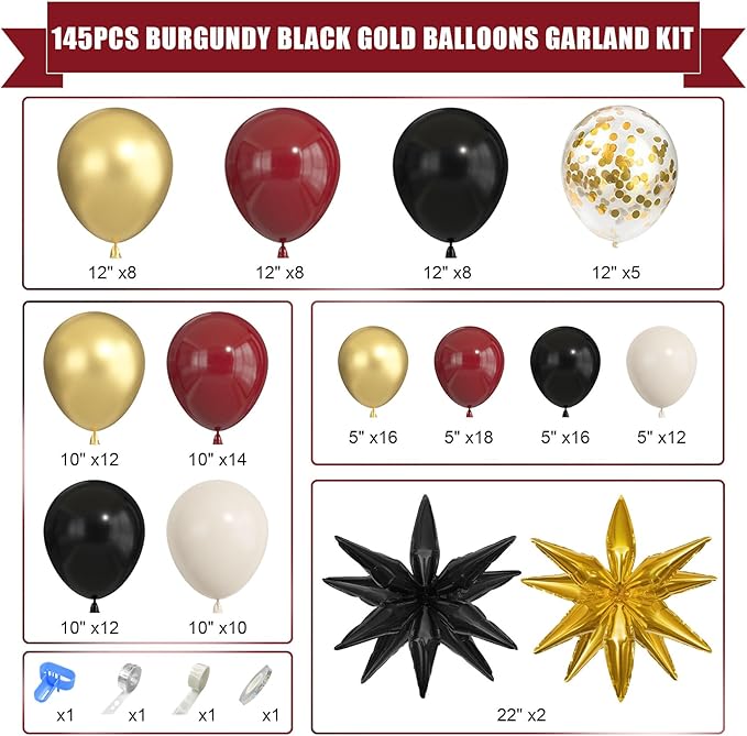 Amandir Burgundy Balloons Garland Arch Kit for Graduation Party Decorations, 145Pcs Maroon Black Gold Confetti Balloons with Foil Star for 2026 Graduation College Congrats Grad Class Birthday Supplies
