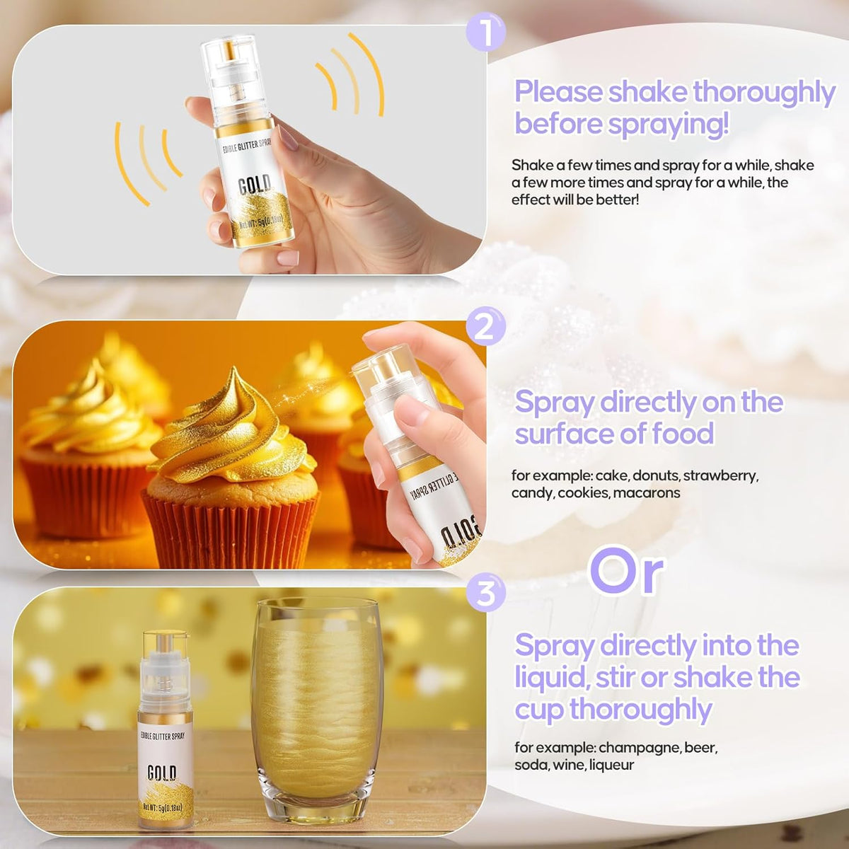 Edible Glitter Spray,2 Colors Iridescent & Iridescent Gold Food Grade Edible Glitter Set for Drink Cake Beverages,Cupcakes
