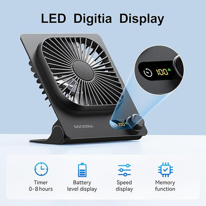 Desk Fan, 6.61''Ultra-thin Battery Powered Fan with Powerful Wind,100 Speeds Adjustable&Digital Display,Timer,Ultra-quiet Small Portable Fan for Bedroom,Office,Travel (Black and Black, 5000mAh)