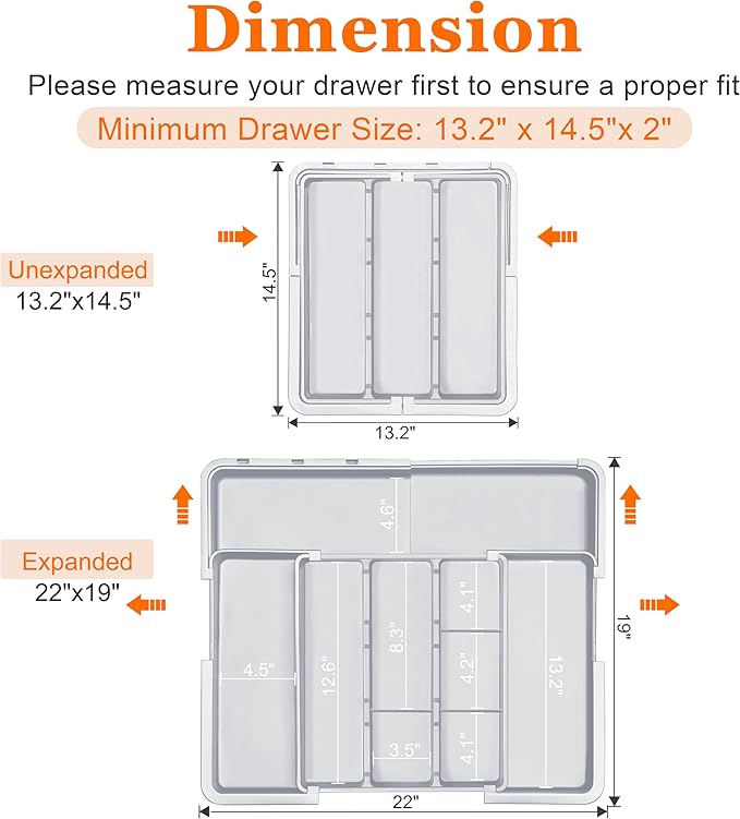 Spaclear Large Utensil Drawer Organizer Expandable Silverware Organizer for Kitchen Drawer Adjustable Cooking Utensil Holder Cutlery Flatware Tray Spatula Tools Gadgets Storage Dividers Plastic Grey