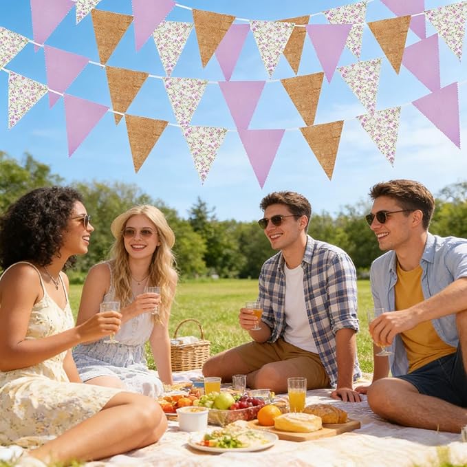Zwiebeco 39Ft Purple Floral Fabric Pennant Banner Vintage Burlap Triangle Flag Retro Flower Bunting Party Decoration for Birthday Engagement Wedding Bridal Baby Shower Rustic Village Home Garden Decor