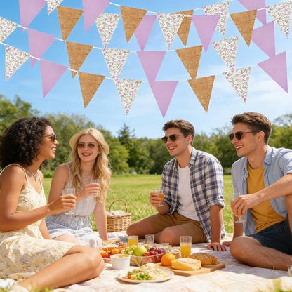 Zwiebeco 39Ft Purple Floral Fabric Pennant Banner Vintage Burlap Triangle Flag Retro Flower Bunting Party Decoration for Birthday Engagement Wedding Bridal Baby Shower Rustic Village Home Garden Decor