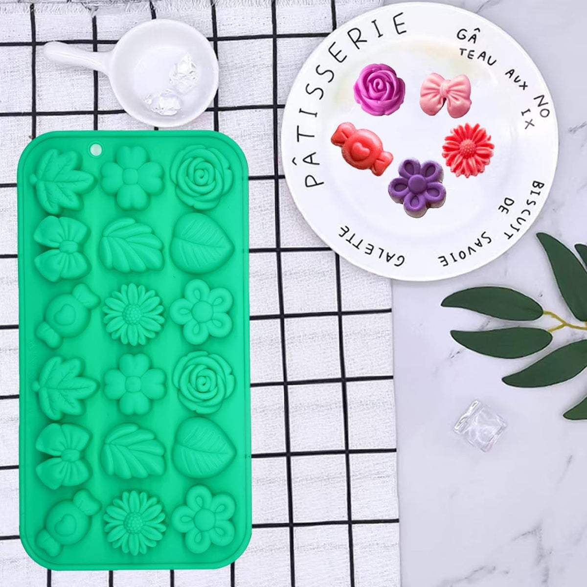 Gummy Candy Molds - 2Pcs Silicone Gummy Daisy Flower/Tulip Flower/Bow Tie/Leaf Candy Mold for Kids, Non-stick and Bpa Free for Candy Chocolate Gummy Jello Baking Soap Pudding Cookie Desserts Making