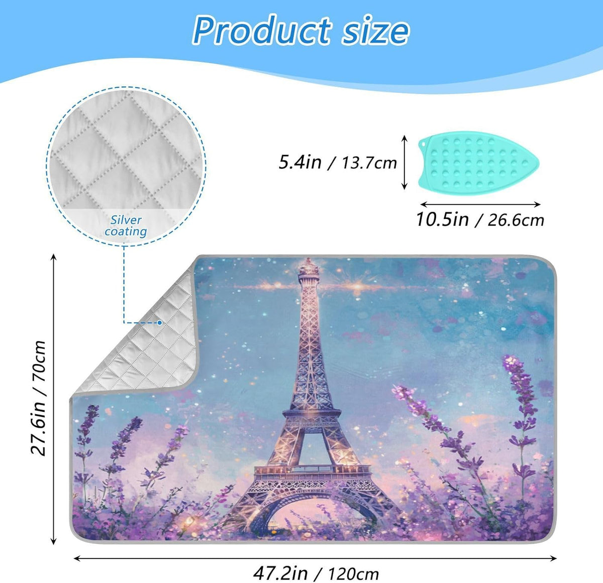 Ironing Mat Portable Ironing Pad Ironing Blanket for Table Top Heat Resistance Double-Side Using Travel Large 47.2 x 27.6 Inch Foldable Lightweight Lavender Eiffel Tower Purple