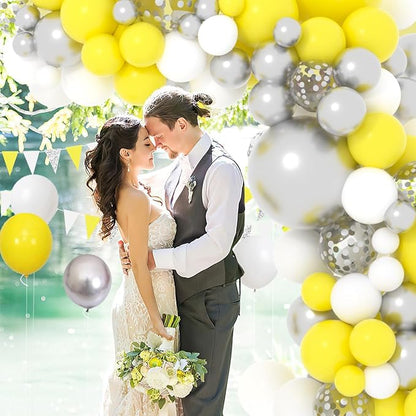Yellow White Silver Balloon Garland Arch Kit, 122Pcs Yellow White Metallic Silver Latex Balloons for Baby Shower Wedding Birthday Graduation Anniversary Bachelorette Party