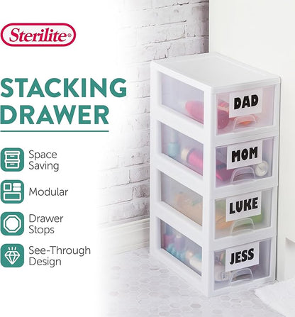 Sterilite 6-Pack Stacking Drawer, Clear Storage Closet Organizer, 6 Quart, White Frame - Stackable Plastic Drawers and Containers for Bedroom, Clothes, Dresser, Vanity, and Makeup Organization