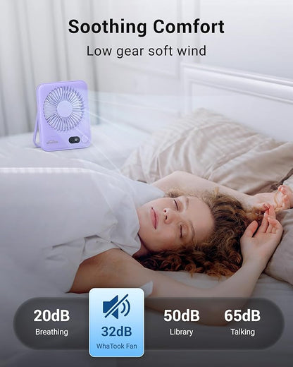 WHATOOK Desk Fan 2 Pack: 100 Speeds Stepless Control 2000mAh Battery Operated Portable Fan, Rechargeable Table Fan for Cruise Ship Essentials, Gift for Couples, Dorm, Office, Bedroom(Black and Purple)