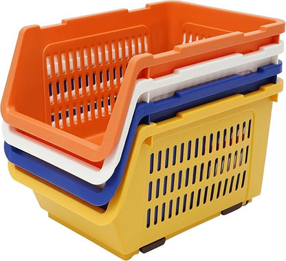 4-Pack Stackable Storage Baskets with 2 Wheels, Large Capacity 38.58 lbs Stackable Storage Bins Open Front, Space Saving Home Organization for Kitchen Bedroom Office (Morandi, 9.5*13.4*29.9 in)