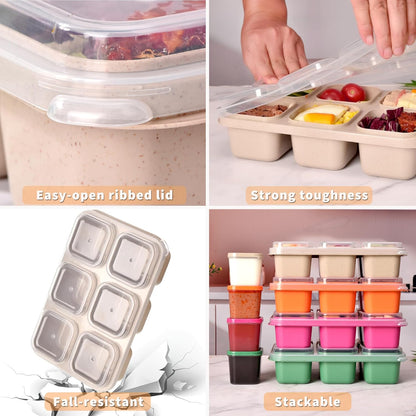 4-Pack Leakproof Bento Box & Snack Containers for Kids & Adults | 6-Compartment with 4 Sauce Cups | Ideal for School, Office, Picnic & Travel (38oz/1100ml) (Pink/Beige/Orange/Green)