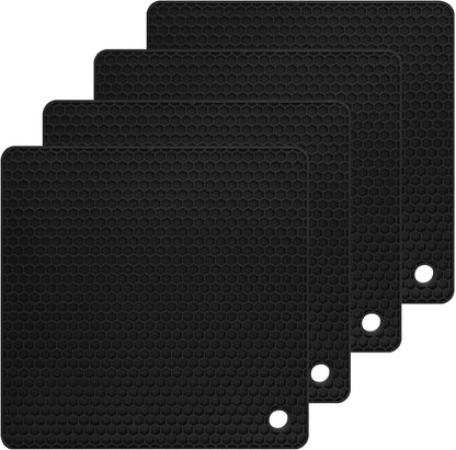 Silicone Trivets Mats, Silicone Hot Pads for Pot Holder, Square Trivets for Hot Dishes, Pots and Pans, Multipurpose Hot Pads for Kitchen Counter, Non Slip Heat Resistant Mats Set 4 Black