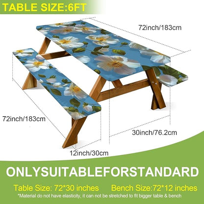 ANNA QUEEN 6FT White Flowers Spring Picnic Table Cover with Bench Covers Picnic Table Cover Set 3PCS 72"x30", Outdoor Bench and Tablecloth Furniture Protection