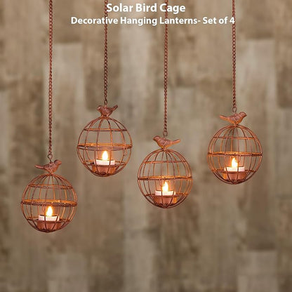 Outdoor Solar Hanging Lantern Lights, 4 Pack Rustic Ball Birdcage Hanging Candle Holder with Solar Tea Lights, Outdoor Waterproof Decorations for Patio, Backyard, Pergola, Tree Decor (Dark Orange)