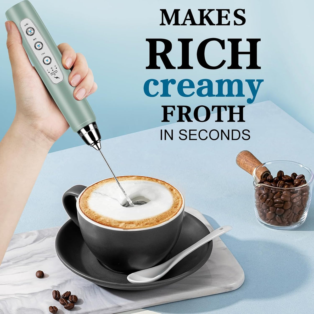 Milk Frother Handheld for Coffee, Electric Whisk 3 Speed Adjustable, Drink Mixer with Stainless 3 Whisks, Rechargeable Hand Frother Wand