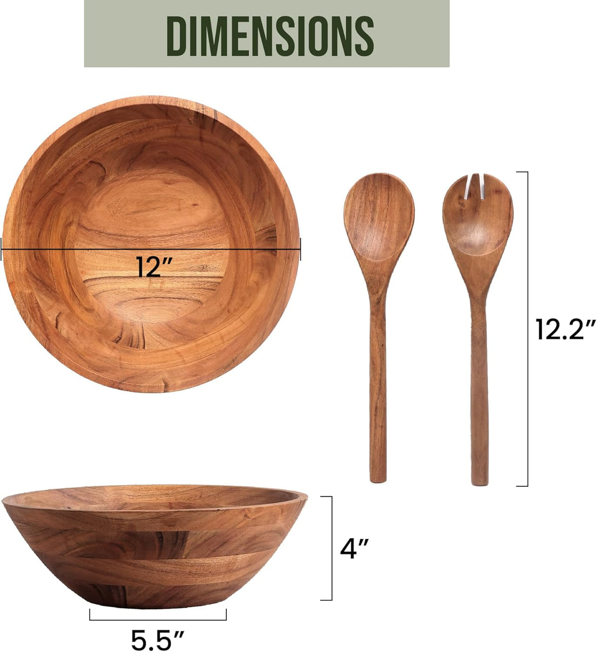 Luxe Designs Wooden Salad Bowl Set - Food Safe & Sustainable Decorative Bowl - Wood Bowl for Fruits, & Salads