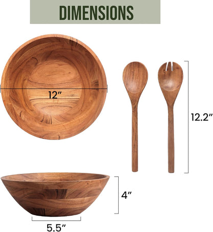 Luxe Designs Wooden Salad Bowl Set - Food Safe & Sustainable Decorative Bowl - Wood Bowl for Fruits, & Salads