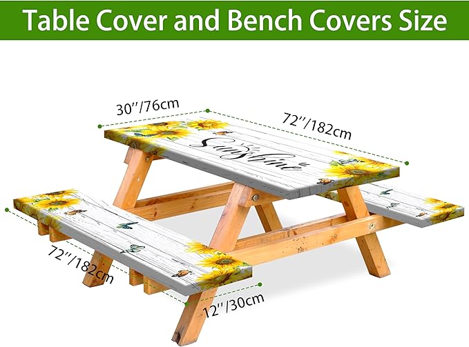 Sunflower Picnic Table Cover with Bench Covers Camping Essentials Wooden Grain Outdoor Table Covers with Elastic Waterproof Fitted Tablecloth for RV Picnic Travel