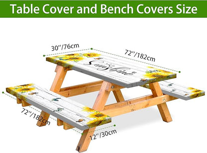 Sunflower Picnic Table Cover with Bench Covers Camping Essentials Wooden Grain Outdoor Table Covers with Elastic Waterproof Fitted Tablecloth for RV Picnic Travel