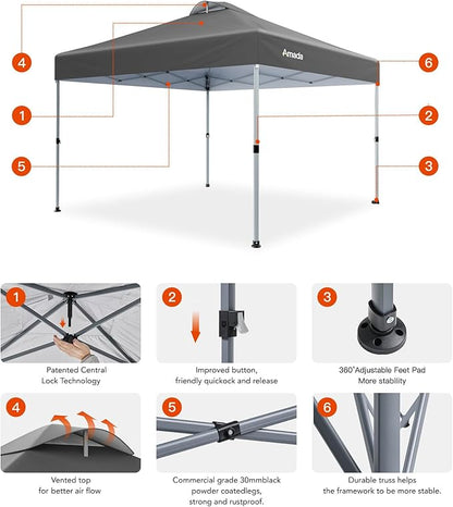 Amada 10x10 Pop Up Canopy - Center Lock One Push Instant Setup Wheeled Gazebo Outdoor Canopy Beach Tent with STO-N-Go Bag 8 Stakes & 4 Sand Bags, 3-Height Adjustable Shade Shelter (10x10ft, Grey)