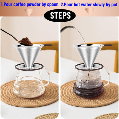 Reusable Paperless Coffee Filter V60,Coffee Dripper,Professional Stainless Steel Drip Cone Brew Coffee Strainer,Double Micro Mesh Filter