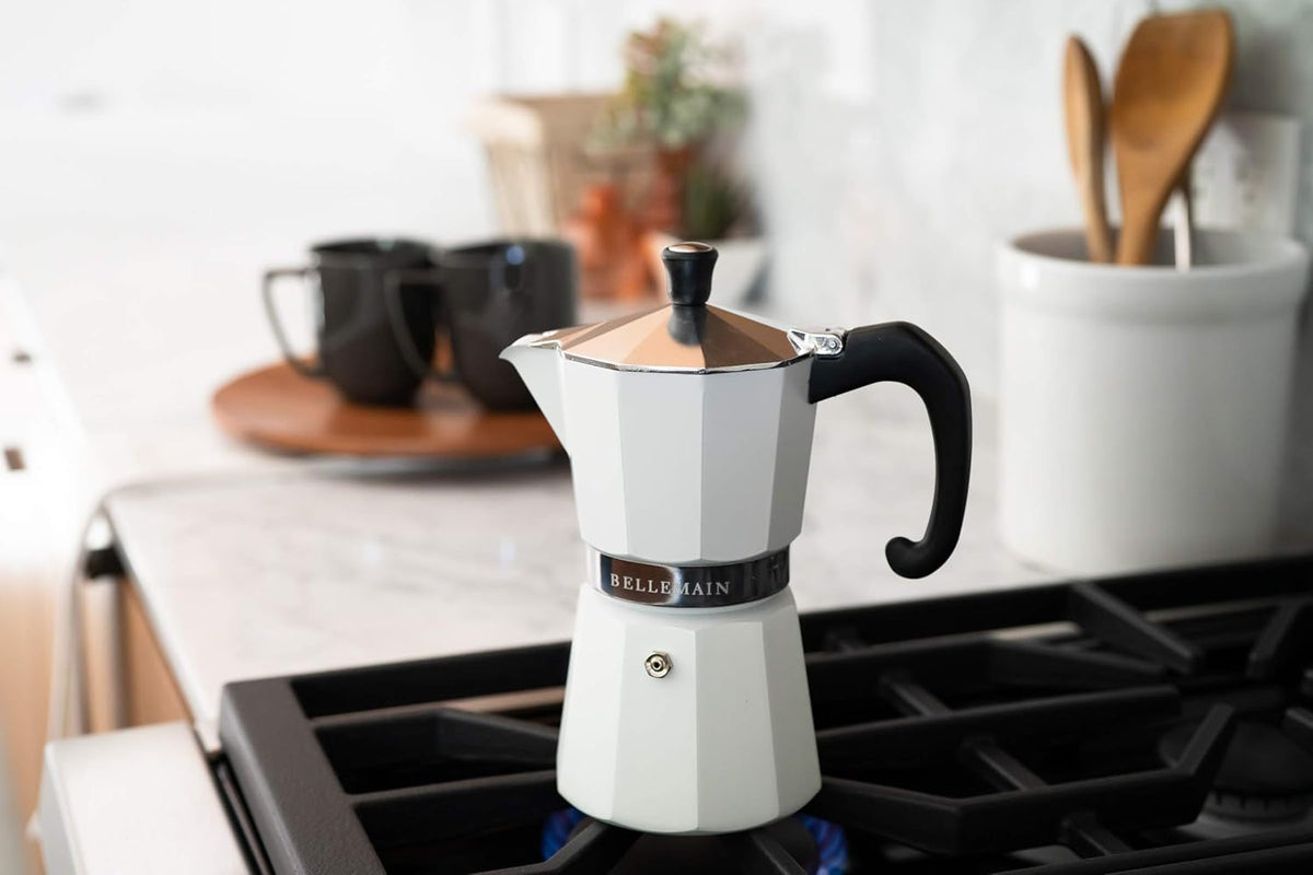 Bellemain Stovetop Espresso Maker | Italian Moka Pot Espresso Maker, Classic Aluminum Design Mocha Pot for Home Brewing & Camping | Easy to Use & Clean - 9-Cup, White