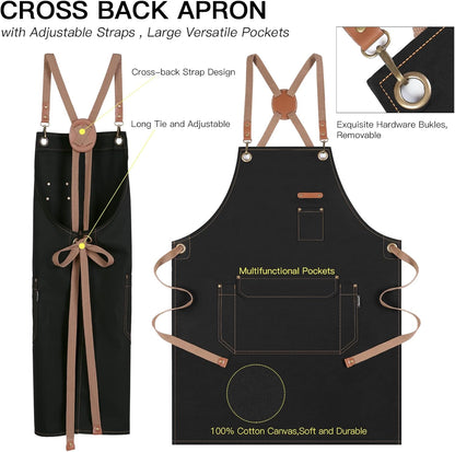 Genixart Chef Apron for Men Women with Pockets, Canvas Aprons for Kitchen Cooking, Artist Painting, Work Apron for Server (Black, 6 Pack)