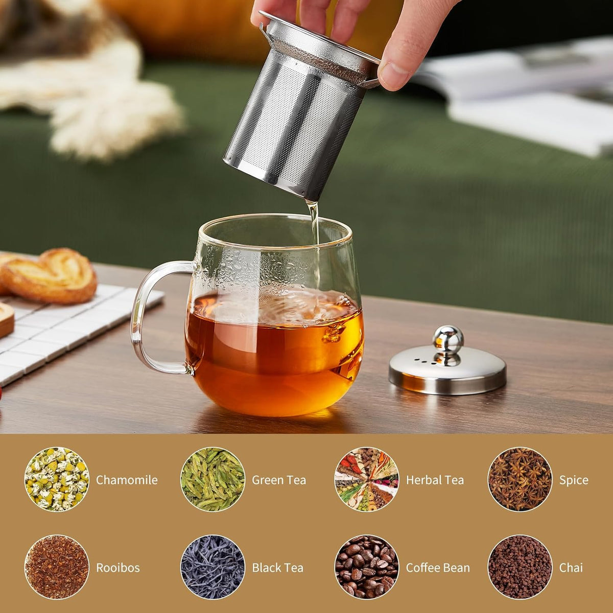 Glass Tea Cup with Infuser and Lid, 17.6oz/520ml Large Borosilicate Glass Teacup with Stailess Steel Filter, Clear Mug for Loose Leaf Blooming Tea, Dishwasher Safe - Tea Maker Gift