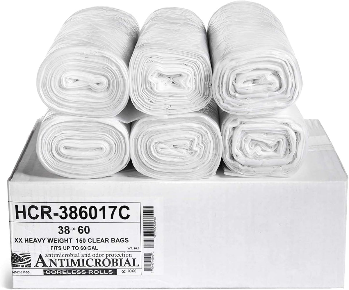 Aluf Plastics High Density Trash Bags, 60 Gallon, 150 Count, 17 Micron (eq), 38" x 60", Clear, for Bathroom, Office, Industrial, Commercial, Janitorial, Municipal, Recycling