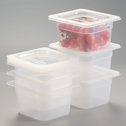 CURTA 6-Pack 1/6 Size 4" Deep Food Pan with Handled Lid – NSF Listed Commercial-Grade Translucent Polypropylene, Stackable Freezer-Safe Storage for Restaurants, Catering & Buffets