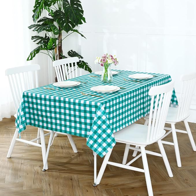 Romanstile Rectangle Vinyl Tablecloth, 100% Waterproof Buffalo Gingham Plastic Table Cloth, Heavy Duty Wipeable Checkered Table Covers for Outdoor, Camping, Picnic, Patio - 54 x 108, Teal Green