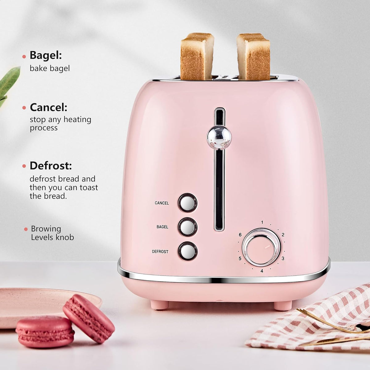 2 Slice Toaster Retro Stainless Steel with Bagel, Cancel, and Defrost Functions, 6 Bread Shade Settings, Extra Wide Slots and Removable Crumb Tray, Pink