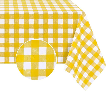 Romanstile Rectangle Vinyl Tablecloth, 100% Waterproof Buffalo Gingham Plastic Table Cloth, Heavy Duty Wipeable Checkered Table Covers for Outdoor, Camping, Picnic, Patio - 54 x 108, Yellow and White
