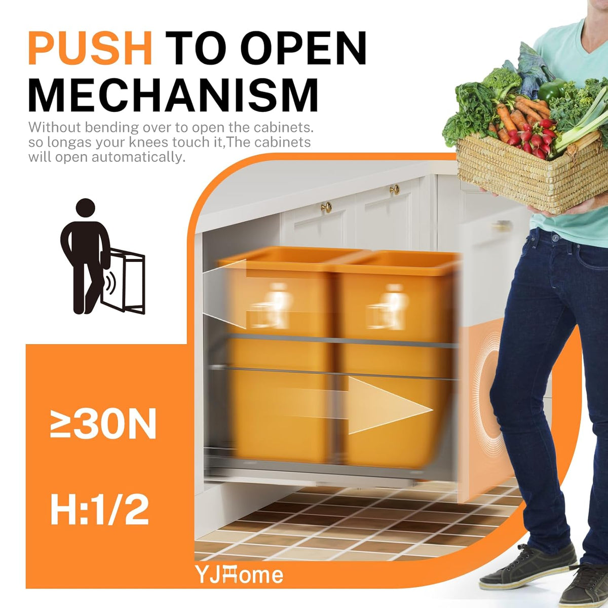 YJHome Pull Out Trash Can Under Cabinet with Push to Open Slides, Garbage Can Not Included, Double Cabinet Trash Can Pull Out Kit with Door Mounting Kit, Requires Minimum Cabinets Opening 18" W