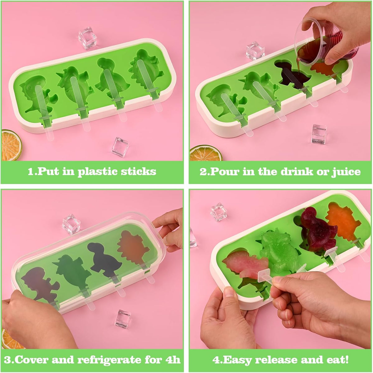 Sakolla 2 Pack Silicone Popsicle Molds with Sticks & Lid, 4-Cavity Mini Popsicle Molds for Kids - Cars, Ships, Train