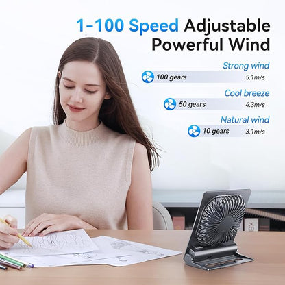 GOCKERA Desk Fan, 6.61''Ultra-thin 5000mAh Battery Powered Fan with Powerful Wind,100 Speeds Adjustable&Digital Display,Timer,Ultra-quiet Small Portable Fan for Bedroom,Office,Travel,Summer Essentials