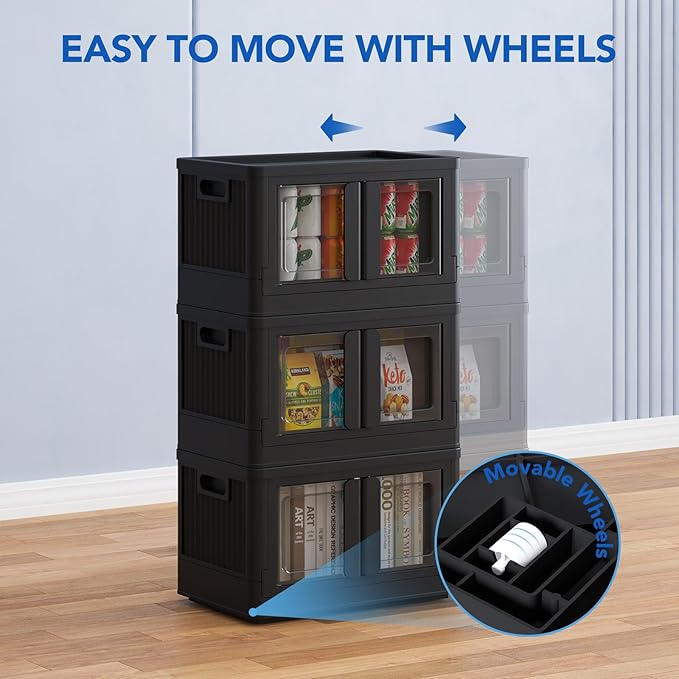FLEXIMOUNTS 75 QT Stackable Storage Bins With Lids, Collapsible Plastic Storage Bins, Closet Organizers and Storage Containers with Doors and Built-in Wheels For Home, 2 Pack Cubes, Black