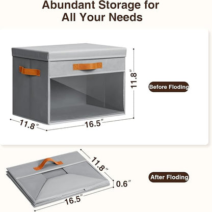 Homsorout Large Storage Bins with Lids - 4 Pack Foldable Decorative Organizers with Clear Windows & Handles, Cube Storage Organizers for Clothes, Blankets, Sweaters, Sheets, Grey